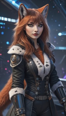 1girl,solo,long hair,looking at viewer,bangs,brown hair,gloves,animal ears,brown eyes,standing,jacket,tail,yellow eyes,cowboy shot,parted lips,black gloves,belt,pants,artist name,orange hair,armor,mole,blurry,lips,coat,fur trim,fox ears,makeup,blurry background,fox tail,black pants,lipstick,fox girl,gauntlets,freckles,vambraces,red lips,breasts,long sleeves,medium breasts,black coat