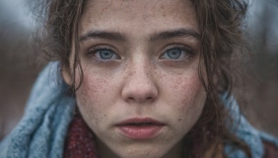 1girl,solo,looking at viewer,blue eyes,brown hair,closed mouth,parted lips,scarf,blurry,lips,depth of field,blurry background,portrait,close-up,freckles,realistic,nose,dirty,dirty face,grey eyes,eyelashes,straight-on