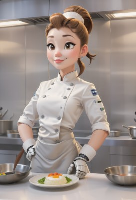 1girl,solo,smile,brown hair,gloves,brown eyes,jewelry,closed mouth,ponytail,earrings,food,indoors,white gloves,hair bun,apron,lips,buttons,waist apron,plate,bowl,hands on hips,spoon,double-breasted,stud earrings,cooking,kitchen,chef hat,egg (food),chef,soup,long hair,looking at viewer,blush,standing,artist name,hand on hip,makeup,single hair bun,lipstick,mechanical arms,cyborg,prosthesis,ladle,prosthetic arm