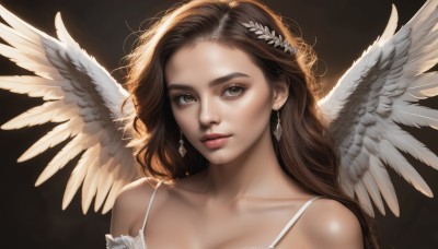 1girl,solo,long hair,looking at viewer,simple background,brown hair,hair ornament,dress,bare shoulders,brown eyes,jewelry,closed mouth,collarbone,upper body,earrings,wings,white dress,lips,eyelashes,black background,portrait,feathered wings,angel wings,realistic,nose,white wings,angel,breasts,cleavage