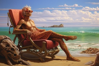 solo,1boy,jewelry,sitting,full body,white hair,male focus,earrings,outdoors,sky,barefoot,day,cloud,water,necklace,blue sky,tattoo,muscular,facial hair,ocean,chair,beach,abs,sunglasses,crossed legs,beard,topless male,skull,rock,sand,skeleton,full-body tattoo,nude,scenery,horizon,old,old man,fine art parody