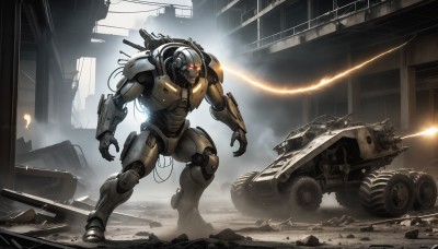 HQ,red eyes,weapon,armor,gun,military,no humans,glowing,robot,ground vehicle,building,mecha,glowing eyes,motor vehicle,smoke,science fiction,realistic,cannon,military vehicle,car,cable,ruins,tank,damaged,debris,caterpillar tracks,dust,sparks,1boy,signature,battle,power armor