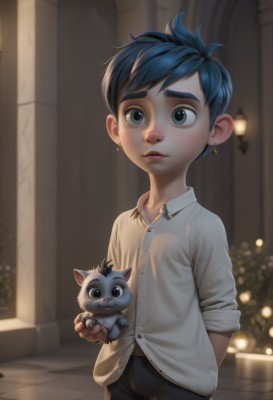 solo,short hair,blue eyes,shirt,1boy,holding,jewelry,blue hair,standing,white shirt,male focus,cowboy shot,earrings,outdoors,parted lips,collared shirt,pants,artist name,indoors,blurry,black eyes,dress shirt,buttons,depth of field,blurry background,animal,cat,thick eyebrows,wing collar,child,sleeves rolled up,freckles,arm behind back,unbuttoned,male child,holding animal,untucked shirt,looking at viewer,belt,lips,watermark,web address,carrying,personification