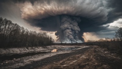 outdoors,sky,day,cloud,water,tree,no humans,cloudy sky,grass,nature,scenery,forest,smoke,road,river,landscape,sunlight