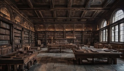 day,indoors,book,no humans,window,chair,table,sunlight,scenery,desk,light rays,wooden floor,stairs,bookshelf,candle,stool,shelf,book stack,library,ceiling,candlestand,wooden chair,fantasy,tile floor,chandelier,fireplace