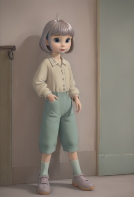 1girl,solo,looking at viewer,short hair,bangs,blue eyes,brown hair,shirt,long sleeves,closed mouth,standing,full body,ahoge,grey hair,hairband,shoes,shorts,socks,puffy sleeves,collared shirt,pants,indoors,blunt bangs,lips,buttons,shadow,brown footwear,child,puffy long sleeves,blue shorts,hand in pocket,door,female child,grey socks,white shirt,bob cut,white socks,green socks