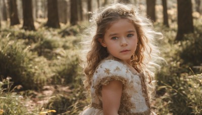 1girl,solo,long hair,looking at viewer,brown hair,dress,brown eyes,upper body,flower,short sleeves,outdoors,day,artist name,signature,white dress,blurry,tree,lips,looking to the side,depth of field,blurry background,wavy hair,plant,nature,veil,lace,forest,curly hair,realistic,nose,bridal veil,parted lips