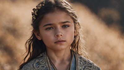 1girl,solo,long hair,looking at viewer,brown hair,black hair,hair ornament,closed mouth,upper body,blurry,lips,grey eyes,blurry background,chinese clothes,portrait,freckles,realistic,nose,brown eyes,expressionless,sunlight,backlighting