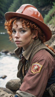 1girl,solo,long hair,looking at viewer,brown hair,gloves,hat,jewelry,jacket,upper body,earrings,outdoors,parted lips,day,orange hair,blurry,uniform,black eyes,vest,lips,grey eyes,blurry background,freckles,curly hair,rock,realistic,nose,short hair,red hair,bag,from side,pouch,dirty,dirty face