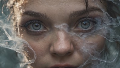 1girl,solo,looking at viewer,blue eyes,brown hair,black hair,closed mouth,water,lips,grey eyes,eyelashes,portrait,close-up,reflection,ice,realistic,glass,eye focus,facial hair,smoke,freckles,nose