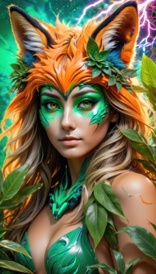 1girl,solo,long hair,breasts,looking at viewer,blonde hair,hair ornament,animal ears,cleavage,jewelry,medium breasts,green eyes,yellow eyes,upper body,multicolored hair,parted lips,artist name,signature,necklace,orange hair,lips,animal ear fluff,fox ears,eyelashes,makeup,glowing,leaf,watermark,facial mark,plant,slit pupils,web address,eyeshadow,freckles,nose,electricity,eyeliner,lightning,bare shoulders,closed mouth,swimsuit,flower,bikini,hair flower,facepaint,green bikini,vines,energy