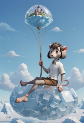 1girl,solo,smile,short hair,bangs,brown hair,shirt,1boy,holding,animal ears,brown eyes,sitting,closed mouth,tail,full body,white shirt,short sleeves,male focus,outdoors,sky,shorts,barefoot,day,collared shirt,artist name,cloud,signature,black eyes,feet,blue sky,bird,watermark,happy,building,child,claws,furry,animal hands,ice,crystal,mouse ears,furry female,furry male,male child,mouse tail,balloon,body fur,dirty,brown shorts,animal nose,mouse,castle,snout,animal feet,dirty feet,open mouth,teeth,floating,mountain,aircraft,tower,buck teeth,floating island