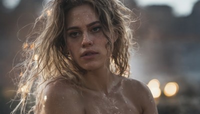 1girl,solo,long hair,looking at viewer,blonde hair,brown hair,brown eyes,collarbone,upper body,nude,parted lips,teeth,blurry,black eyes,lips,wet,depth of field,blurry background,messy hair,portrait,freckles,realistic,nose,wet hair,bokeh,bare shoulders,floating hair