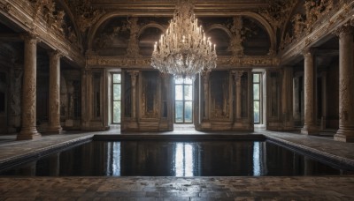 day,indoors,water,no humans,window,sunlight,scenery,reflection,stairs,door,architecture,pillar,hallway,church,arch,reflective floor,column,wooden floor,fantasy,ruins,bridge,statue