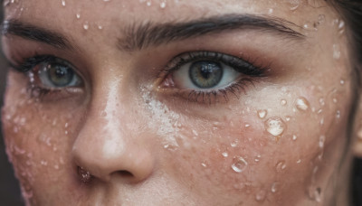 solo, black hair, 1boy, brown eyes, male focus, wet, eyelashes, portrait, close-up, water drop, realistic, eye focus