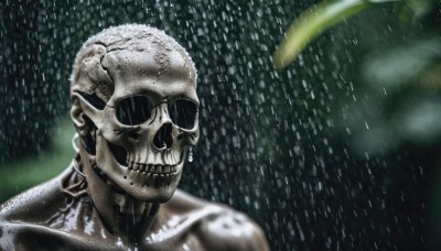 solo,1boy,collarbone,male focus,teeth,blurry,wet,no humans,blurry background,sunglasses,rain,skull,water drop,realistic,skeleton,upper body,science fiction