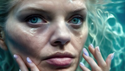 HQ,1girl,solo,looking at viewer,blue eyes,closed mouth,green eyes,water,nail polish,aqua eyes,lips,fingernails,wet,hands up,eyelashes,portrait,close-up,blue nails,underwater,realistic,nose,aqua nails,eye focus,purple nails,nail art,fingers