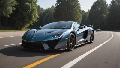 outdoors,sky,day,tree,no humans,shadow,ground vehicle,nature,motor vehicle,forest,car,road,vehicle focus,sports car,wheel