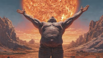 solo,1boy,navel,nipples,standing,male focus,outdoors,sky,pants,cloud,hood,arms up,muscular,glowing,outstretched arms,fire,pectorals,muscular male,scenery,topless male,sunset,rock,mountain,realistic,aircraft,airplane,fat,open hands,fat man,signature,star (sky),floating,sun,bald,planet,earth (planet),desert