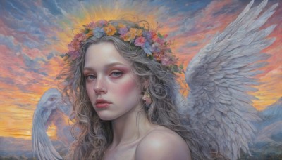 1girl,solo,long hair,looking at viewer,blue eyes,hair ornament,jewelry,collarbone,flower,grey hair,earrings,outdoors,parted lips,wings,sky,cloud,hair flower,lips,grey eyes,bird,wavy hair,cloudy sky,portrait,feathered wings,freckles,sunset,angel wings,mountain,realistic,white wings,angel,head wreath,blonde hair,bare shoulders,upper body