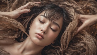 1girl,solo,short hair,bangs,brown hair,black hair,closed mouth,closed eyes,nude,lying,parted lips,on back,lips,fingernails,portrait,facing viewer,freckles,realistic,nose,collarbone,eyelashes,brown theme