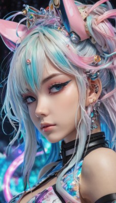 1girl,solo,long hair,breasts,looking at viewer,bangs,blue eyes,hair ornament,animal ears,cleavage,bare shoulders,jewelry,medium breasts,closed mouth,blue hair,upper body,ponytail,pink hair,white hair,multicolored hair,earrings,cat ears,two-tone hair,lips,streaked hair,clothing cutout,eyelashes,aqua hair,makeup,fake animal ears,piercing,ear piercing,portrait,eyeshadow,realistic,nose,twintails,sidelocks,hairclip,virtual youtuber,gradient hair,crown,close-up