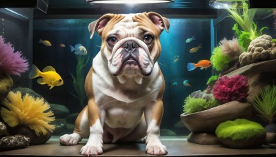 HQ,solo,looking at viewer,brown eyes,indoors,water,no humans,animal,plant,fish,dog,underwater,realistic,animal focus,turtle,coral,aquarium,pineapple