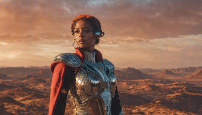 1girl,solo,short hair,brown hair,brown eyes,upper body,red hair,outdoors,sky,cloud,dark skin,armor,dark-skinned female,lips,looking to the side,cloudy sky,shoulder armor,headset,science fiction,breastplate,mountain,realistic,looking afar,jewelry,earrings,cape,looking away,scenery,sunset,very dark skin