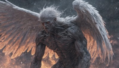 solo,long hair,looking at viewer,red eyes,1boy,closed mouth,upper body,white hair,male focus,outdoors,wings,muscular,glowing,colored skin,facial hair,abs,fire,muscular male,glowing eyes,feathered wings,rain,veins,angel wings,angel,multiple wings,embers,spread wings,nude,beard,grey skin,lightning