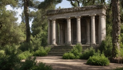 outdoors,sky,day,cloud,tree,blue sky,no humans,sunlight,grass,plant,nature,scenery,forest,stairs,road,bush,ruins,pillar,path,arch,column,architecture