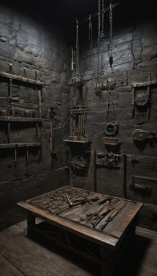 indoors,no humans,chain,chair,table,scenery,wooden floor,barrel,crate,wood,wooden chair,weapon,sword,book,skull,stairs,candle,axe,wall,crack,silk,spider web,still life,candlestand,chandelier,treasure chest,coffin