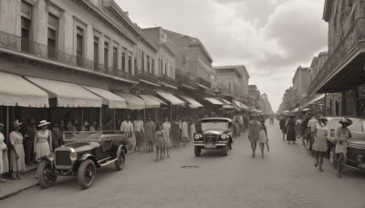 multiple girls,hat,monochrome,greyscale,outdoors,multiple boys,sky,cloud,6+girls,ground vehicle,building,scenery,motor vehicle,6+boys,city,car,road,vehicle focus,street,crowd,people,bag,walking,crosswalk