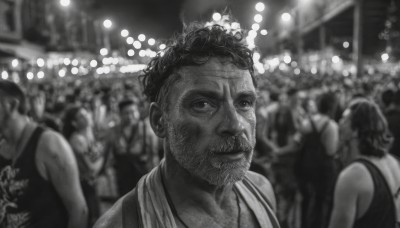 short hair,1boy,jewelry,monochrome,upper body,greyscale,male focus,multiple boys,solo focus,dark skin,blurry,blurry background,facial hair,tank top,beard,realistic,mustache,crowd,towel around neck,looking at viewer,multiple girls,2girls,bare shoulders,teeth,sleeveless,necklace,depth of field,scar,dark-skinned male,scar on face,bokeh,lights,people