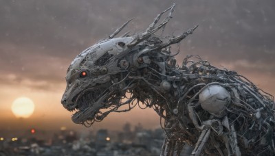 solo,outdoors,sky,teeth,cloud,blurry,from side,no humans,depth of field,blurry background,robot,sharp teeth,building,mecha,lens flare,machinery,science fiction,city,realistic,sun,cable,lights,wire,non-humanoid robot,cloudy sky,scenery,sunset,cityscape,alien,dusk