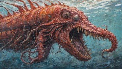 solo,open mouth,teeth,tongue,water,no humans,saliva,ocean,animal,sharp teeth,tentacles,fish,monster,underwater,extra eyes,swimming,air bubble,eldritch abomination