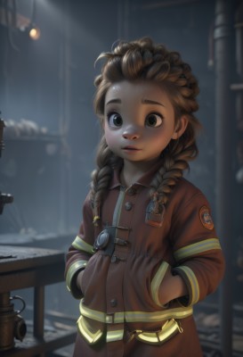 1girl,solo,long hair,looking at viewer,brown hair,long sleeves,closed mouth,green eyes,jacket,braid,outdoors,parted lips,blurry,twin braids,blurry background,child,hair over shoulder,freckles,watch,brown jacket,hands in pockets,female child,patch,blush,brown eyes,upper body,belt,artist name,flat chest,lips,coat,buttons,depth of field,watermark,sunlight,thick eyebrows,web address,snow,forehead,light rays,snowing,realistic,nose,camera,winter clothes,light,badge