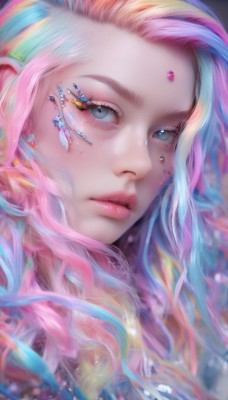 1girl,solo,long hair,looking at viewer,blue eyes,blonde hair,hair ornament,jewelry,closed mouth,blue hair,pink hair,multicolored hair,earrings,artist name,necklace,blurry,lips,grey eyes,eyelashes,makeup,watermark,piercing,gem,portrait,web address,close-up,eyeshadow,freckles,realistic,nose,mascara,parted lips,tears,streaked hair,forehead jewel,pearl (gemstone),rainbow hair