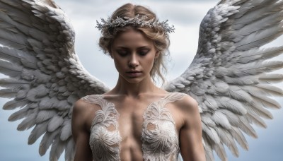 1girl,solo,breasts,short hair,blonde hair,hair ornament,bare shoulders,medium breasts,closed mouth,collarbone,closed eyes,upper body,small breasts,wings,lips,feathered wings,facing viewer,angel wings,realistic,white wings,angel,head wreath,brown hair,laurel crown