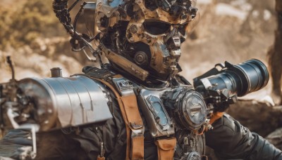 solo,1boy,holding,upper body,weapon,male focus,armor,blurry,from side,depth of field,blurry background,helmet,robot,mecha,1other,science fiction,realistic,cable,ambiguous gender,humanoid robot,no humans,smoke,machinery,camera,leather,leather jacket,steampunk