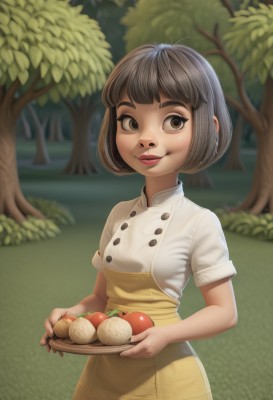 1girl,solo,breasts,looking at viewer,smile,short hair,bangs,skirt,brown hair,shirt,dress,holding,brown eyes,closed mouth,standing,white shirt,short sleeves,cowboy shot,small breasts,outdoors,food,day,artist name,blunt bangs,blurry,tree,lips,buttons,fruit,blurry background,bob cut,grass,nature,plate,forest,tray,freckles,nose,double-breasted,yellow dress,tomato,apron,makeup