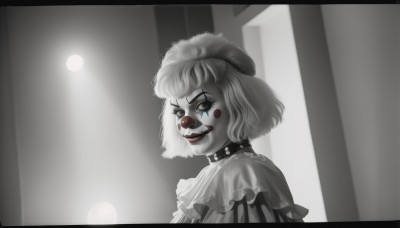 1girl,solo,looking at viewer,smile,short hair,blue eyes,1boy,hat,animal ears,monochrome,upper body,greyscale,male focus,collar,lips,makeup,capelet,facial mark,lipstick,letterboxed,androgynous,spikes,spot color,facepaint,spiked collar,neck ruff,clown,white hair,choker,mask,heterochromia,border,red lips