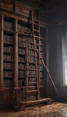 day,indoors,book,no humans,window,chair,sunlight,scenery,light rays,wooden floor,stairs,door,bookshelf,book stack,library,ladder