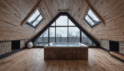 sky,day,cloud,indoors,tree,pillow,no humans,window,bed,table,cloudy sky,curtains,nature,scenery,snow,forest,wooden floor,desk,lamp,wall,winter,bare tree,still life,wooden wall,wooden table