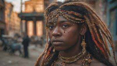 1girl,solo,long hair,looking at viewer,brown hair,black hair,hair ornament,brown eyes,jewelry,closed mouth,braid,earrings,outdoors,day,dark skin,necklace,blurry,black eyes,dark-skinned female,lips,depth of field,blurry background,facial mark,expressionless,portrait,realistic,nose,headdress,facepaint,very dark skin,dreadlocks,tribal,solo focus,artist name,piercing,freckles,circlet