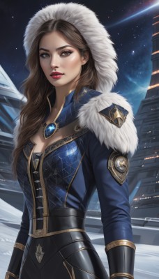 1girl,solo,long hair,breasts,looking at viewer,brown hair,cleavage,brown eyes,jewelry,medium breasts,outdoors,parted lips,sky,hood,lips,coat,fur trim,makeup,night,lipstick,brooch,gem,star (sky),night sky,snow,hood up,starry sky,gold trim,nose,red lips,shooting star,standing,upper body,bodysuit,building,eyeshadow,realistic,emblem