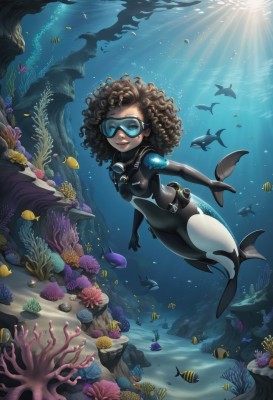 1girl,solo,smile,brown hair,small breasts,dark skin,dark-skinned female,bodysuit,ocean,animal,sunlight,monster girl,goggles,fish,bubble,curly hair,light rays,rock,underwater,air bubble,mermaid,sunbeam,starfish,swimming,shark,diving mask,turtle,dolphin,freediving,coral,snorkel,wetsuit,seaweed,diving,breasts,looking at viewer,short hair,black hair,parted lips,water,lips,shell,very dark skin