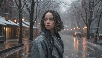 1girl,solo,short hair,blue eyes,black hair,upper body,outdoors,parted lips,black eyes,tree,lips,coat,wet,ground vehicle,building,scenery,motor vehicle,snow,reflection,rain,curly hair,lantern,snowing,realistic,car,road,wet hair,winter,lamppost,bare tree,street,japanese clothes,kimono,looking to the side,looking away,looking afar