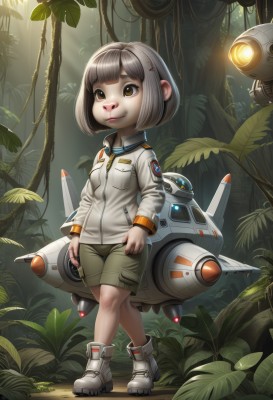 1girl,solo,smile,short hair,bangs,brown hair,hair ornament,long sleeves,brown eyes,closed mouth,standing,jacket,full body,grey hair,boots,outdoors,shoes,shorts,hairclip,artist name,signature,blunt bangs,tree,lips,military,leaf,watermark,sunlight,white footwear,bob cut,white jacket,thick eyebrows,plant,robot,child,nature,forest,zipper,walking,science fiction,pocket,aircraft,female child,ankle boots,airplane,zipper pull tab,green shorts,spacesuit,jet,non-humanoid robot,fighter jet,uniform,realistic,spacecraft,thrusters