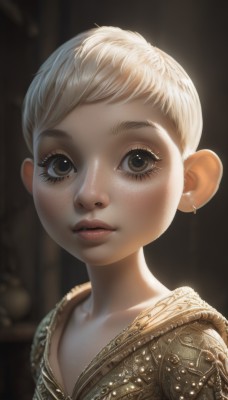 1girl,solo,looking at viewer,short hair,blonde hair,brown eyes,jewelry,collarbone,upper body,white hair,earrings,blurry,lips,eyelashes,blurry background,piercing,child,portrait,androgynous,freckles,realistic,nose,female child,very short hair,closed mouth,artist name,watermark,black background,dark background