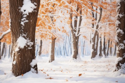 outdoors,day,tree,no humans,leaf,nature,scenery,snow,forest,snowing,autumn leaves,maple leaf,winter,bare tree,autumn,1girl,solo